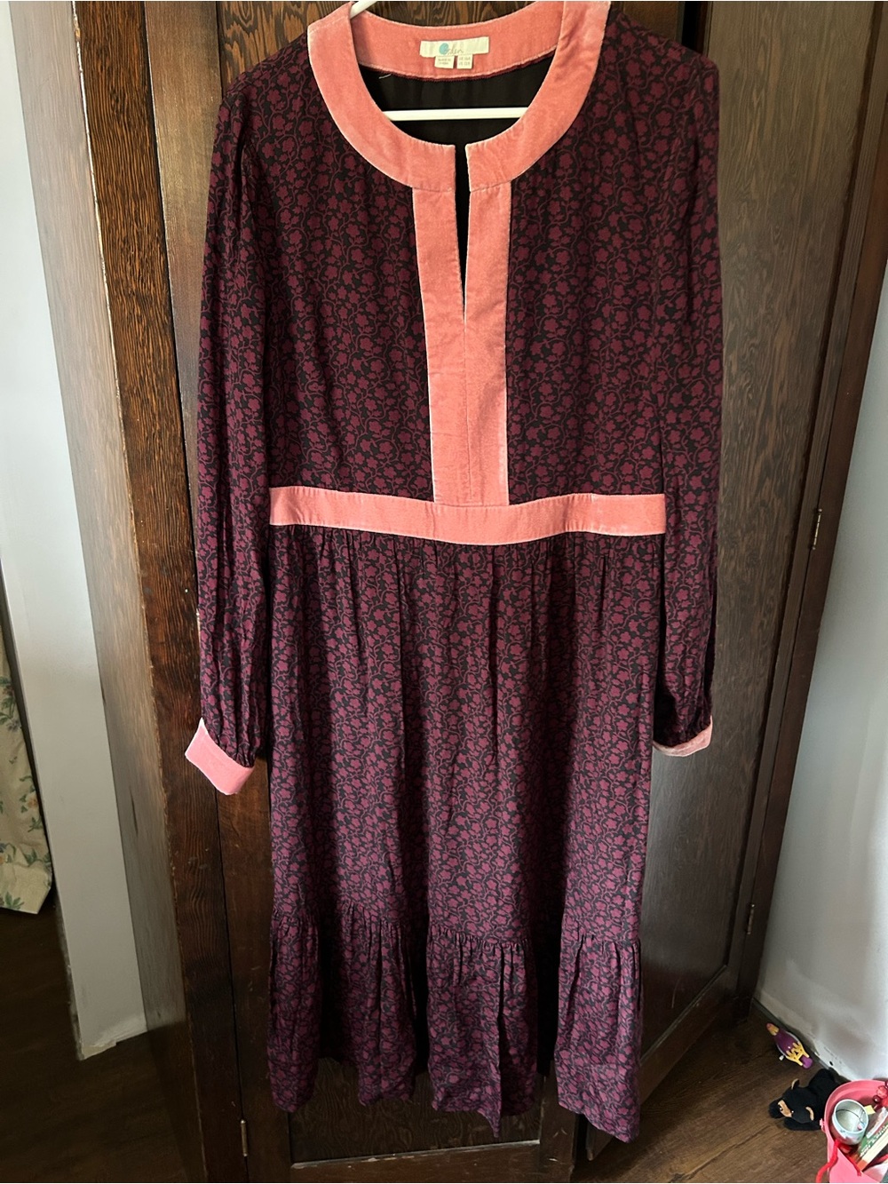 Boden Burgundy Floral Long-Sleeve Midi Dress